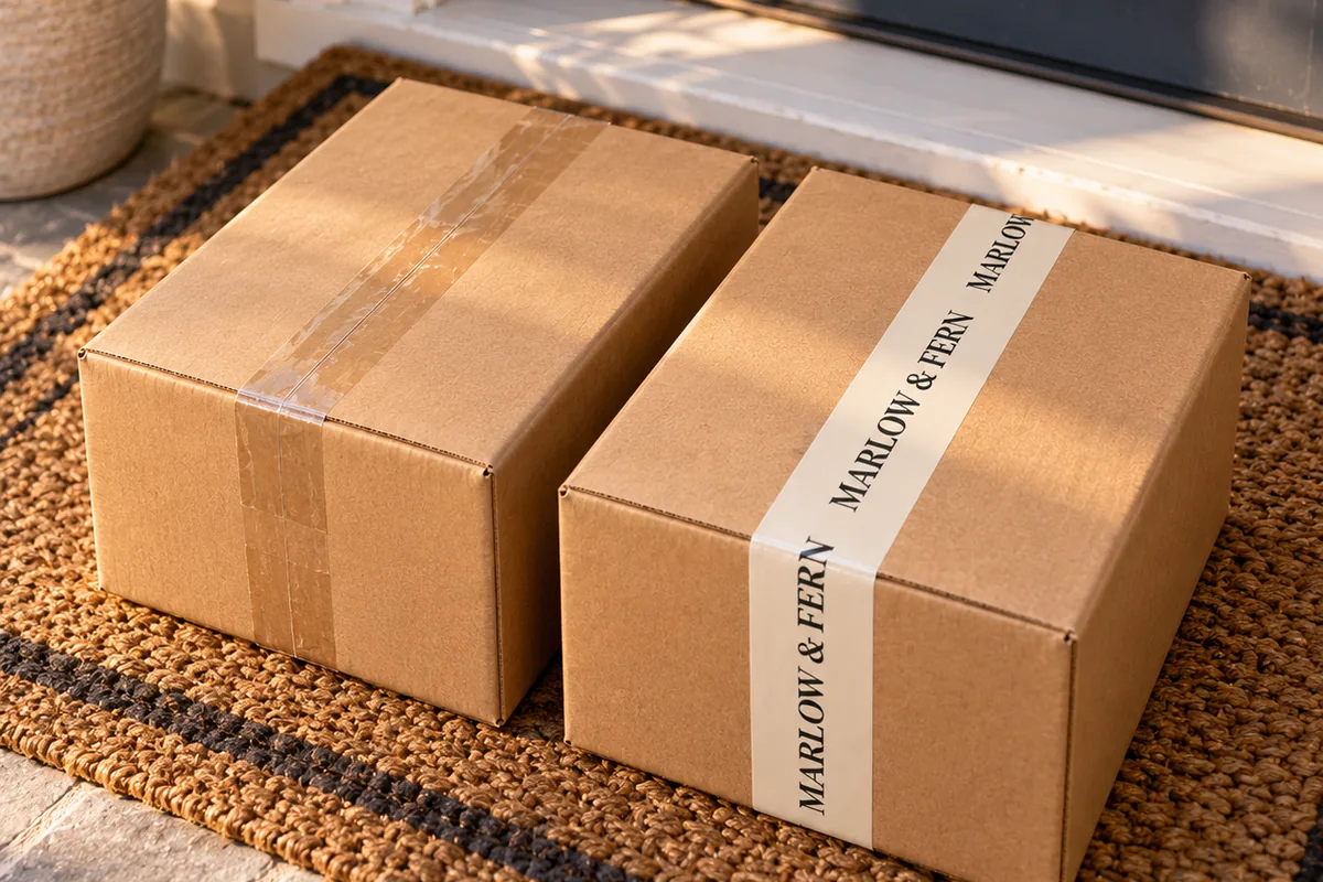 Two identical shipping boxes on a doorstep, one sealed with plain clear tape and one with custom printed logo tape